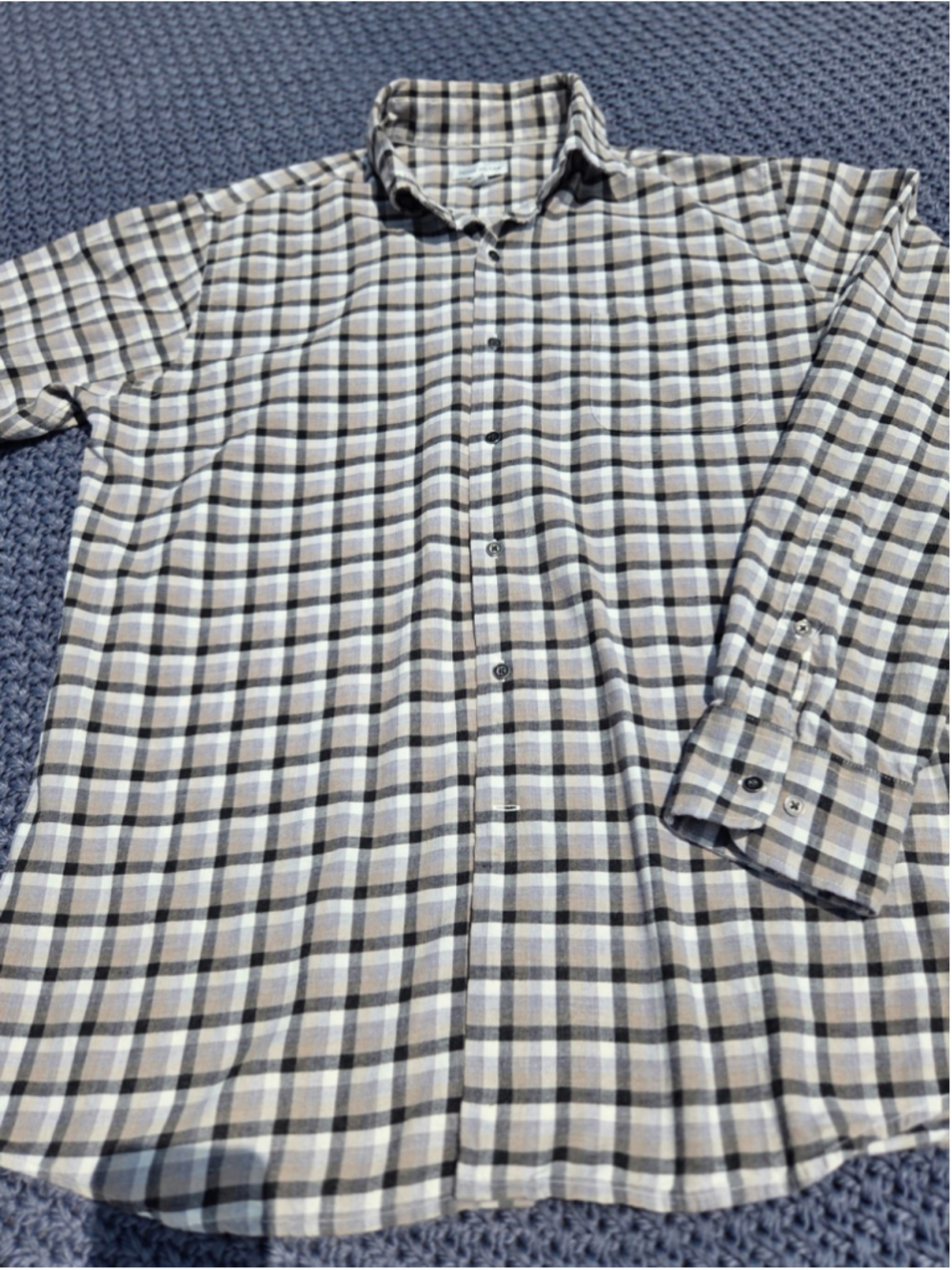 Peter Millar Men's Large Plaid Button Front Shirt Gray Tan Long Sleeve Cotton